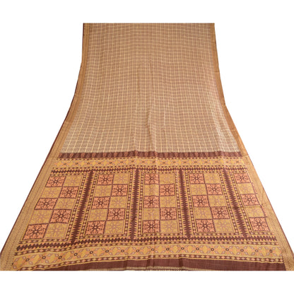 Sanskriti Vintage Sarees Brown Printed Pure Silk Zari Border Sari Craft Sustainable Fabric