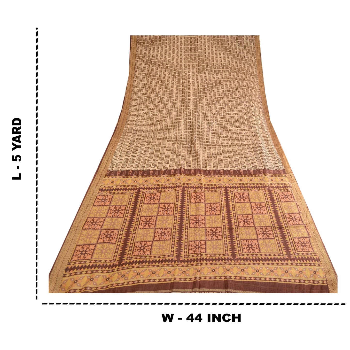 Sanskriti Vintage Sarees Brown Printed Pure Silk Zari Border Sari Craft Sustainable Fabric