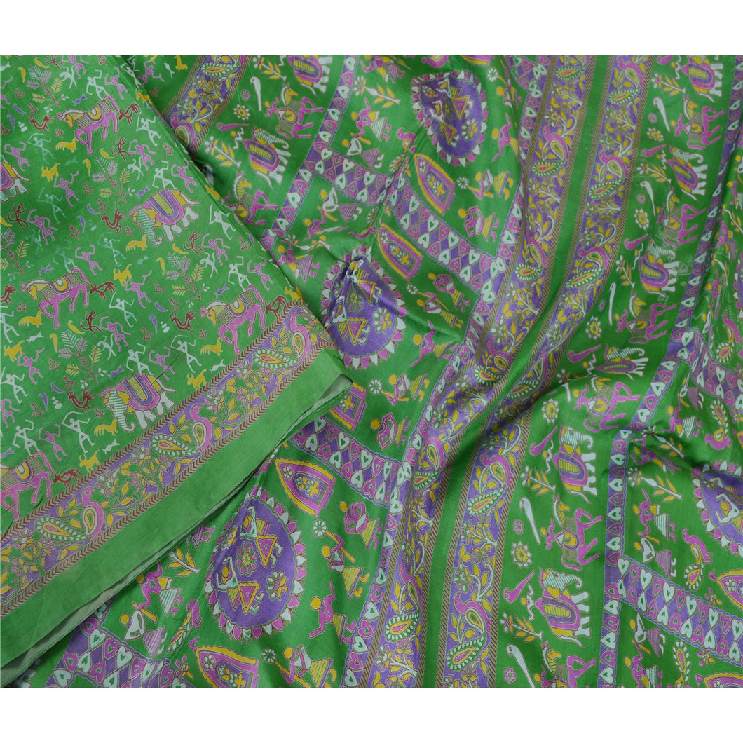 Sanskriti Vintage Sarees Green Warli Art Pure Silk Printed Sari 5yd Craft Fabric