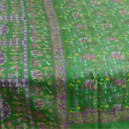 Sanskriti Vintage Sarees Green Warli Art Pure Silk Printed Sari 5yd Craft Sustainable Fabric