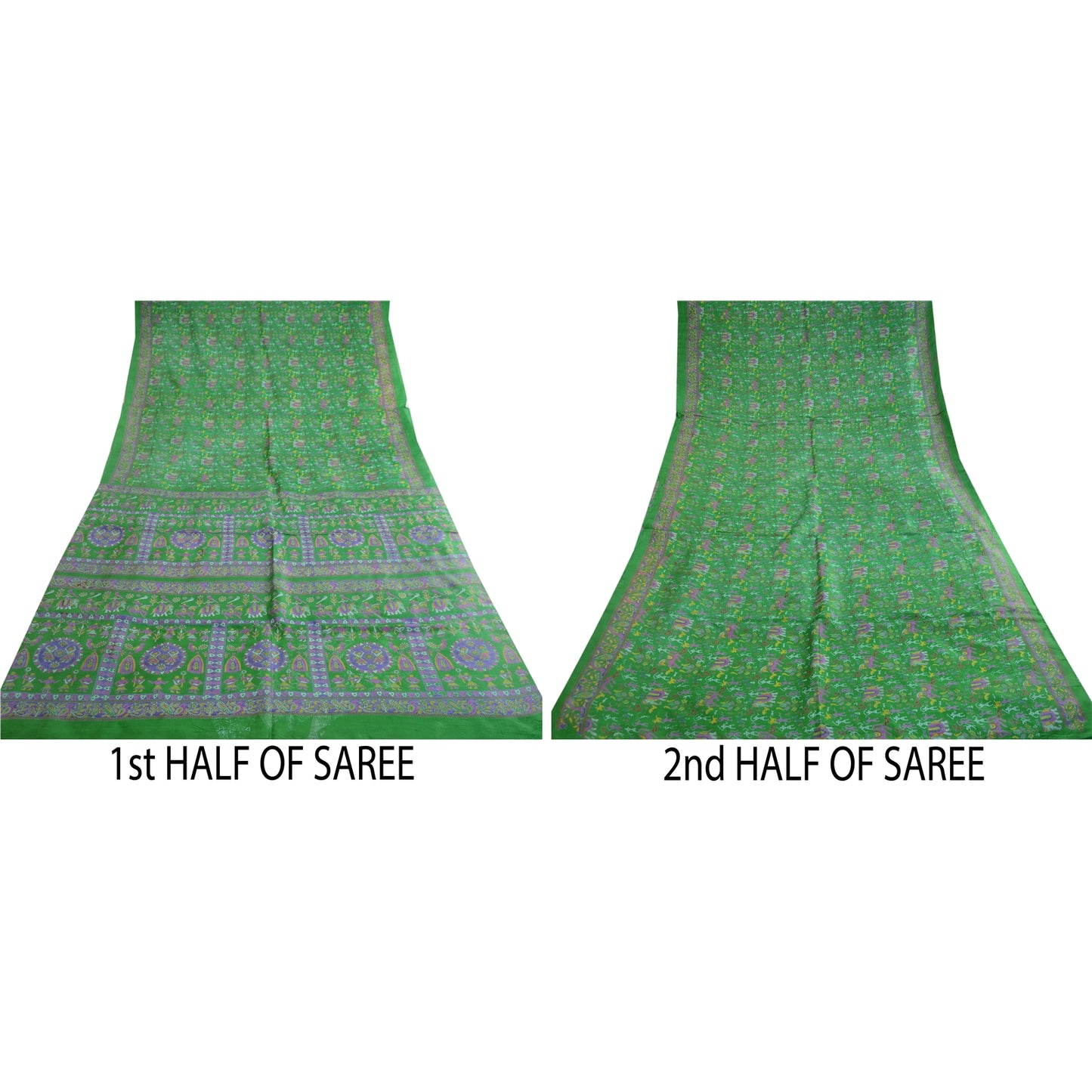 Sanskriti Vintage Sarees Green Warli Art Pure Silk Printed Sari 5yd Craft Sustainable Fabric