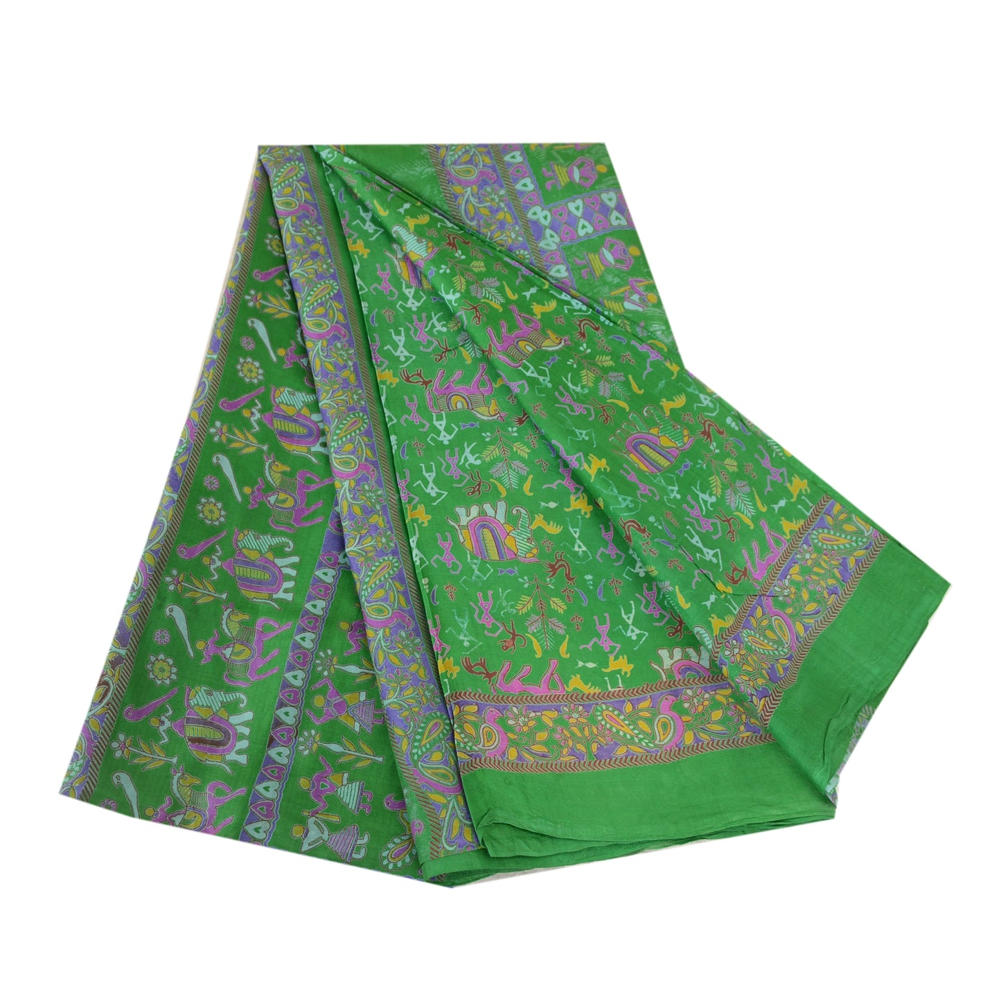 Sanskriti Vintage Sarees Green Warli Art Pure Silk Printed Sari 5yd Craft Sustainable Fabric