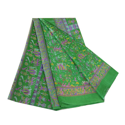 Sanskriti Vintage Sarees Green Warli Art Pure Silk Printed Sari 5yd Craft Sustainable Fabric