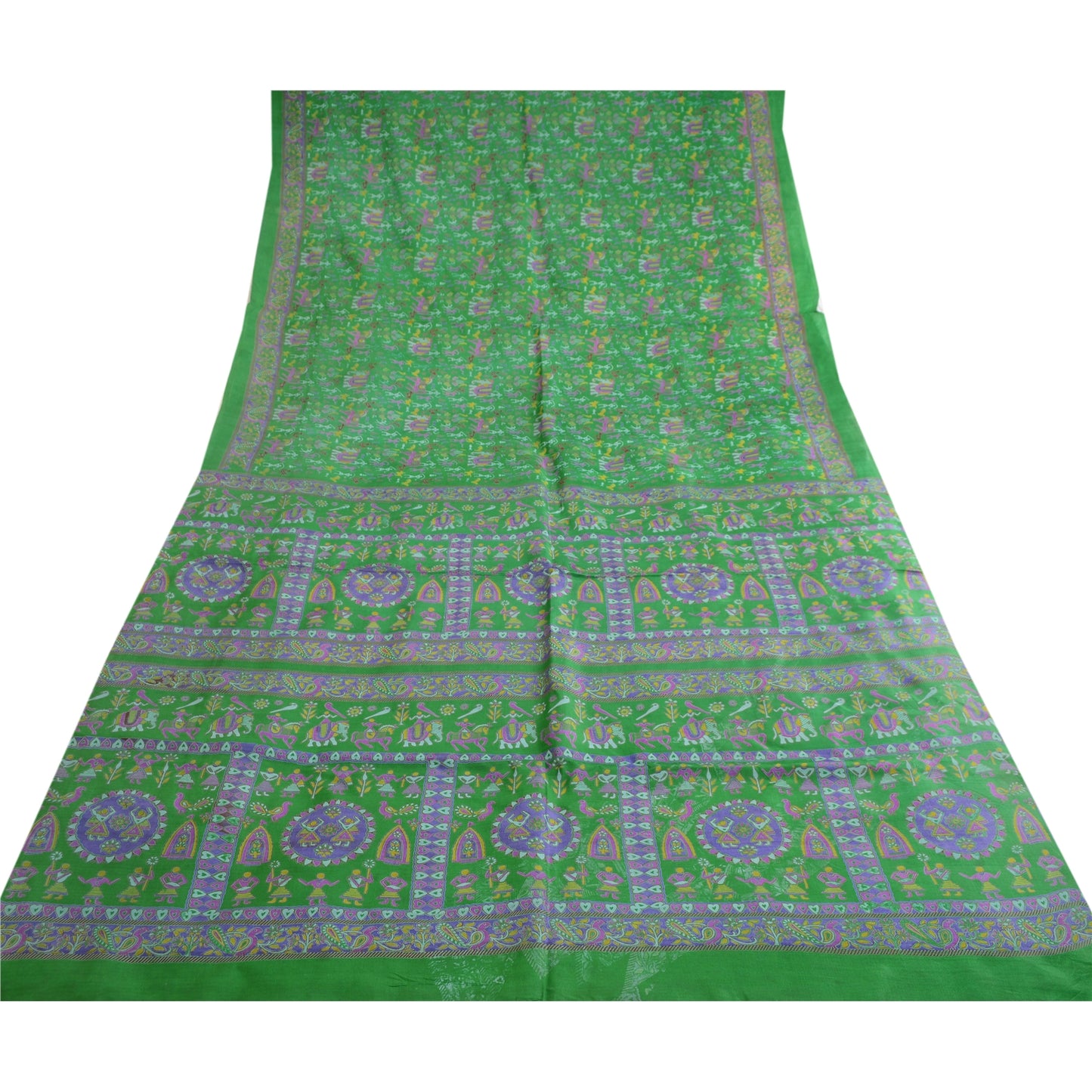 Sanskriti Vintage Sarees Green Warli Art Pure Silk Printed Sari 5yd Craft Sustainable Fabric
