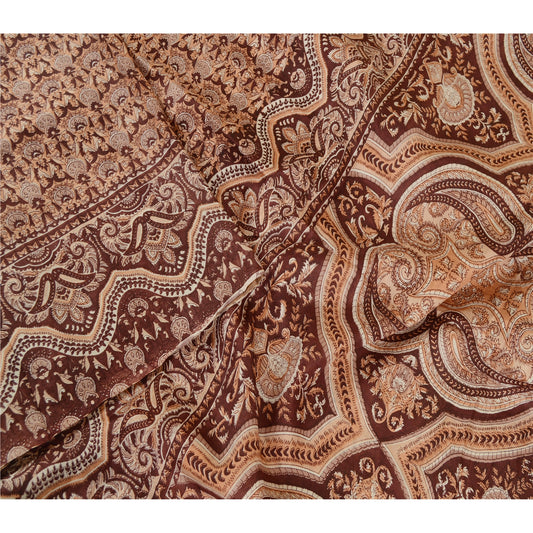 Sanskriti Vintage Sarees Brown Printed Pure Silk Sari Floral 5yd Craft Sustainable Fabric