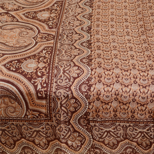 Sanskriti Vintage Sarees Brown Printed Pure Silk Sari Floral 5yd Craft Sustainable Fabric