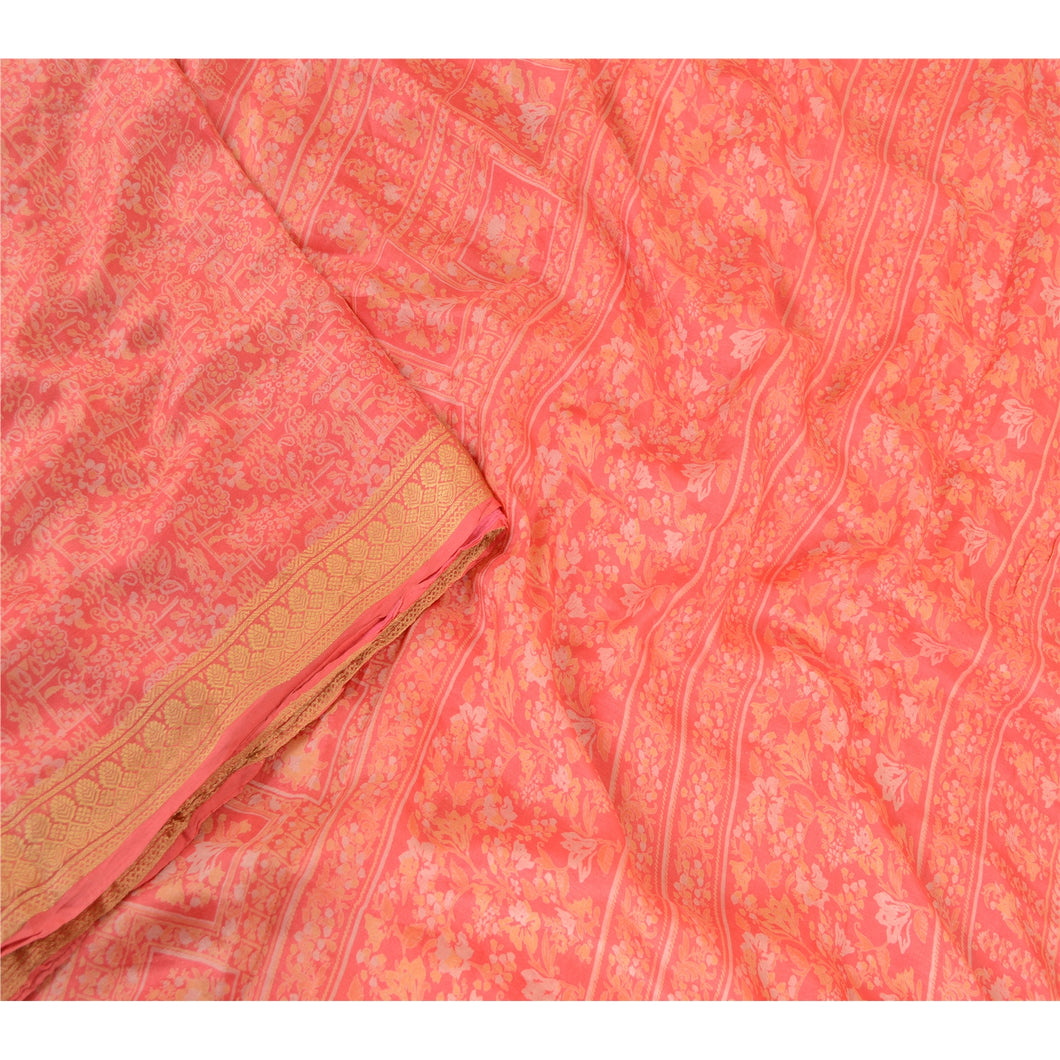 Sanskriti Vintage Sarees Blush-Pink Pure Silk Printed Sari Floral Craft Fabric