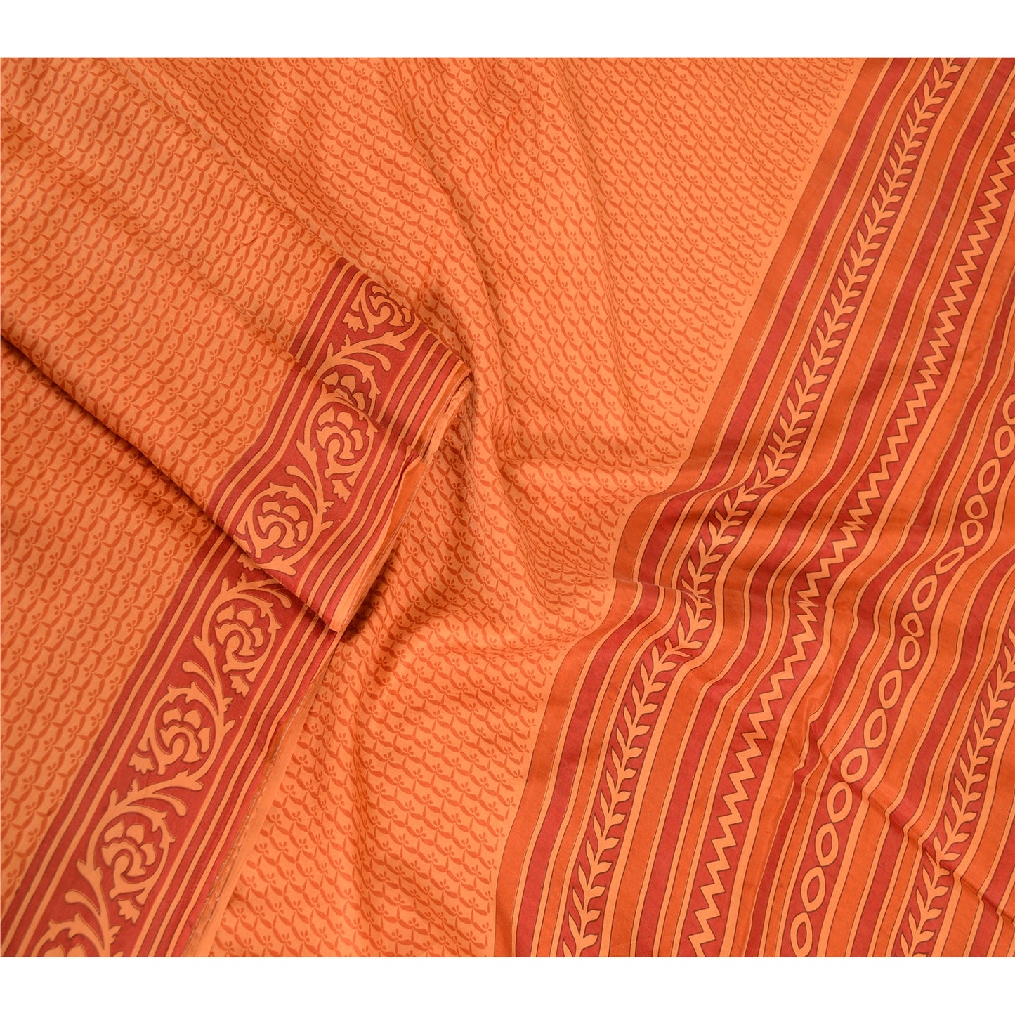Sanskriti Vintage Sarees Indian Orange Pure Silk Printed Sari 5yd Craft Sustainable Fabric