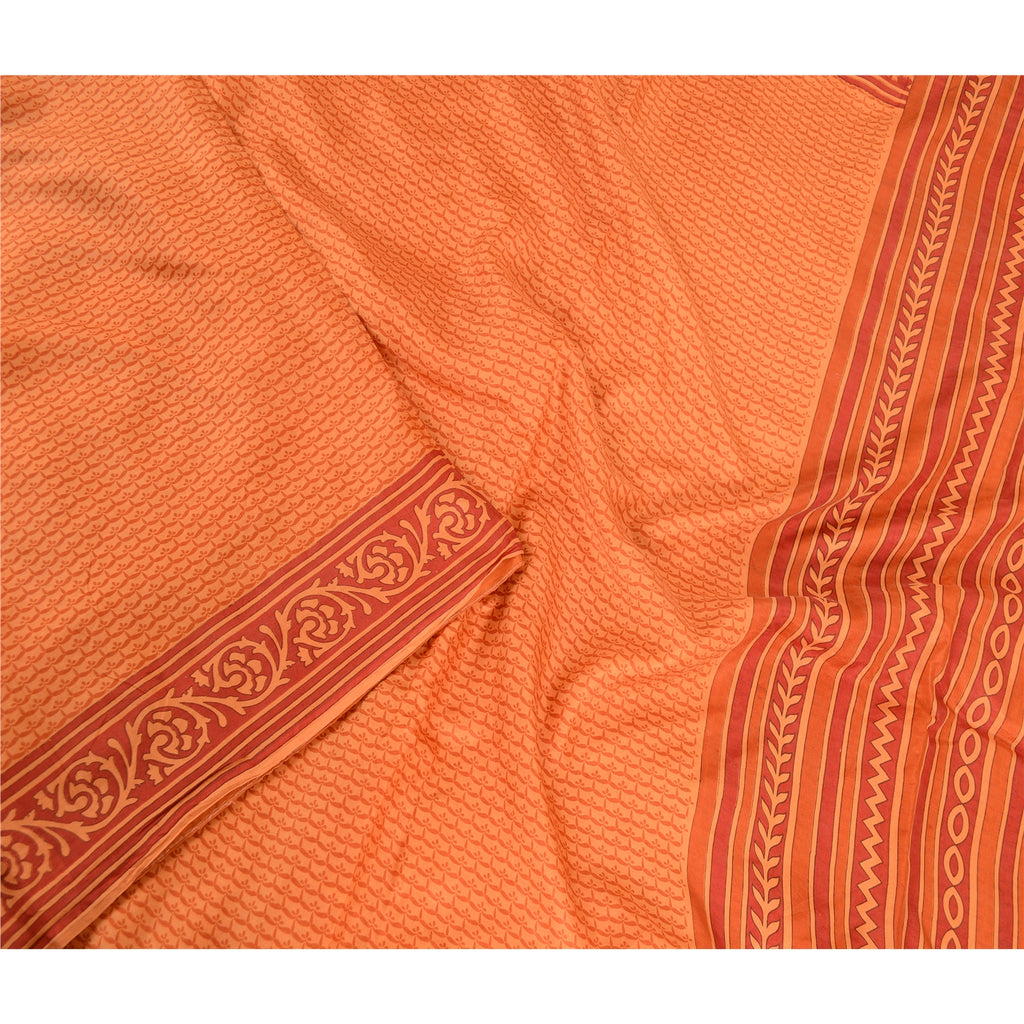 Sanskriti Vintage Sarees Indian Orange Pure Silk Printed Sari 5yd Craft Sustainable Fabric