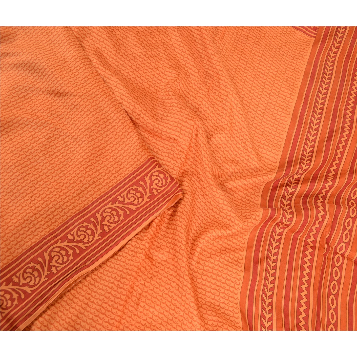 Sanskriti Vintage Sarees Indian Orange Pure Silk Printed Sari 5yd Craft Sustainable Fabric