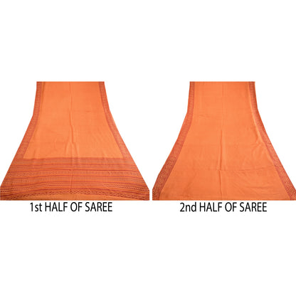 Sanskriti Vintage Sarees Indian Orange Pure Silk Printed Sari 5yd Craft Sustainable Fabric