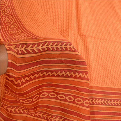 Sanskriti Vintage Sarees Indian Orange Pure Silk Printed Sari 5yd Craft Sustainable Fabric