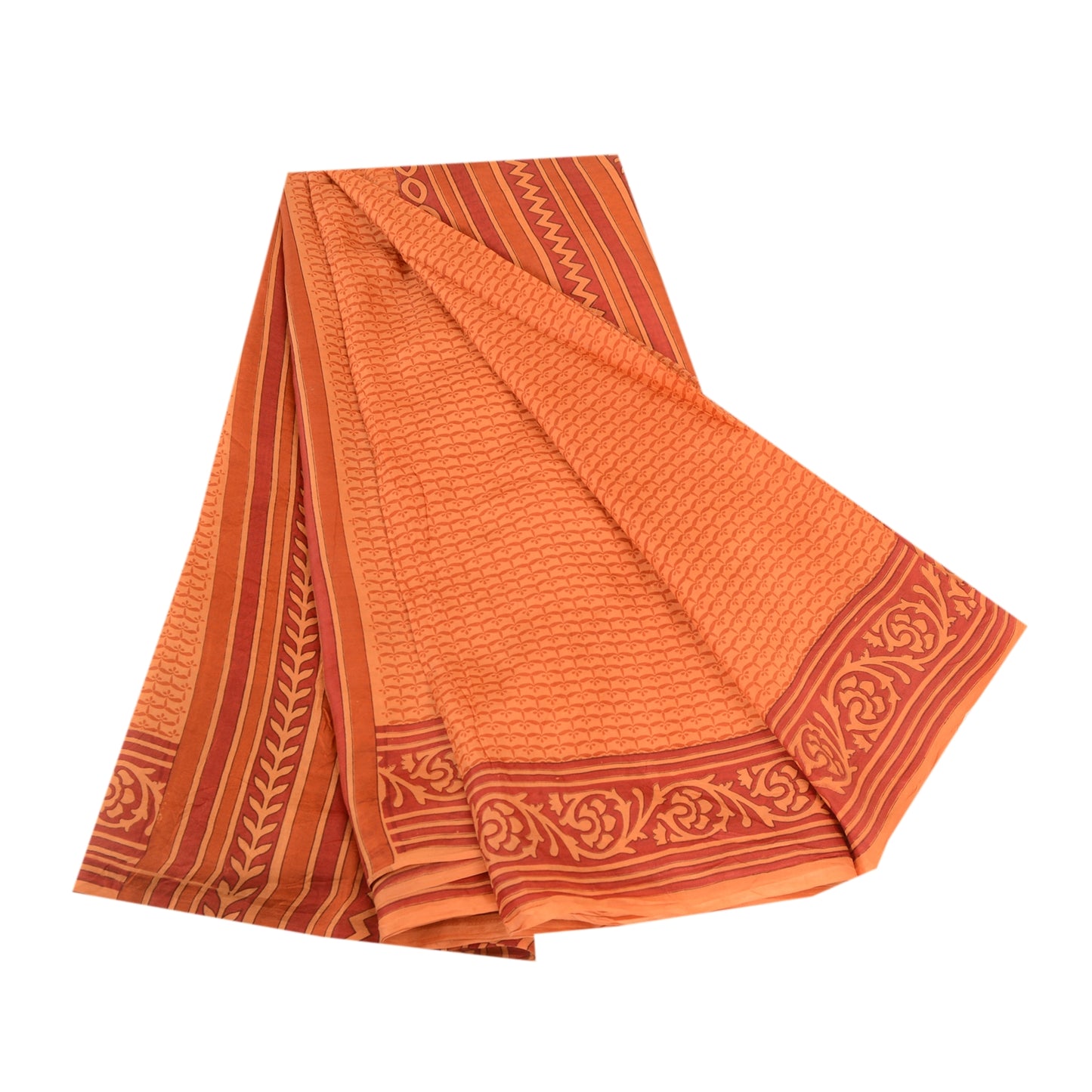 Sanskriti Vintage Sarees Indian Orange Pure Silk Printed Sari 5yd Craft Sustainable Fabric