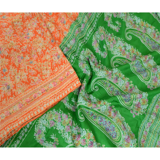 Sanskriti Vintage Sarees Orange Printed Pure Silk Sari Floral Soft Craft Sustainable Fabric