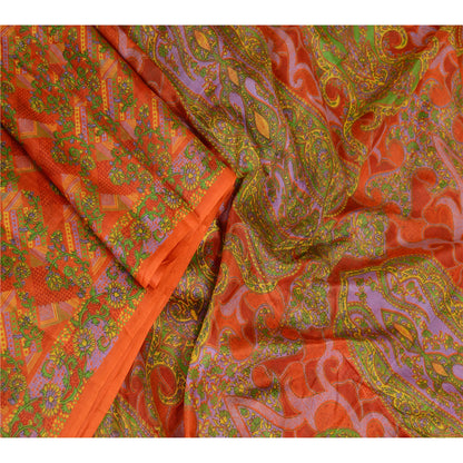 Sanskriti Vintage Sarees Red Pure Silk Printed Sari Floral Soft 5yd Craft Sustainable Fabric