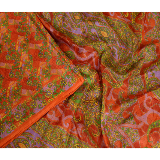 Sanskriti Vintage Sarees Red Pure Silk Printed Sari Floral Soft 5yd Craft Sustainable Fabric