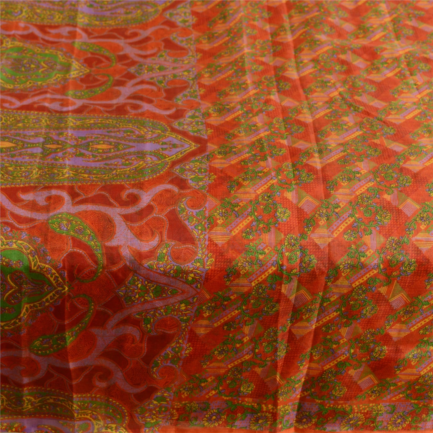Sanskriti Vintage Sarees Red Pure Silk Printed Sari Floral Soft 5yd Craft Sustainable Fabric