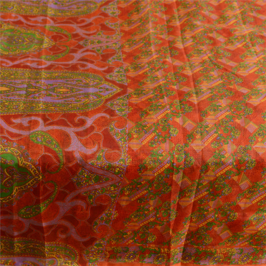 Sanskriti Vintage Sarees Red Pure Silk Printed Sari Floral Soft 5yd Craft Sustainable Fabric