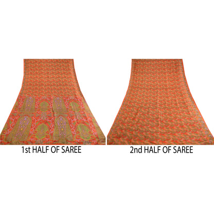 Sanskriti Vintage Sarees Red Pure Silk Printed Sari Floral Soft 5yd Craft Sustainable Fabric