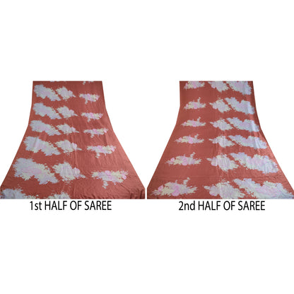 Sanskriti Vintage Sarees Dusty Red Pure Silk Printed Sari Floral Craft Sustainable Fabric