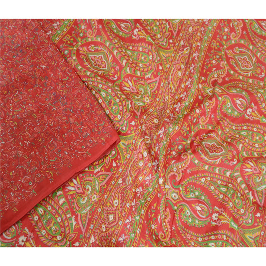 Sanskriti Vintage Sarees Red 100% Pure Silk Printed Floral Sari 5yd Craft Sustainable Fabric