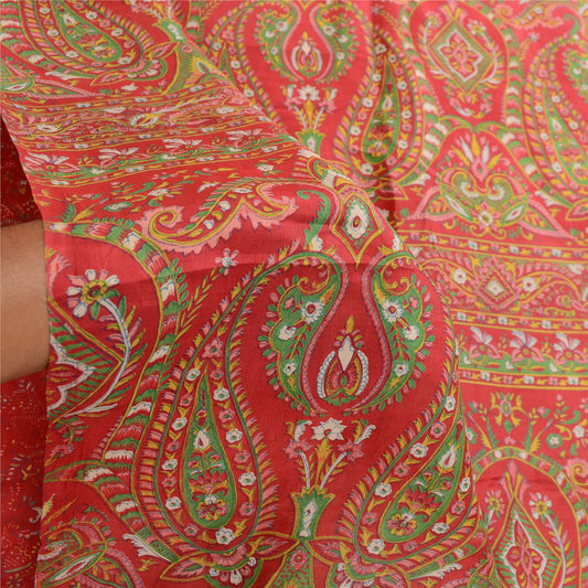 Sanskriti Vintage Sarees Red 100% Pure Silk Printed Floral Sari 5yd Craft Sustainable Fabric