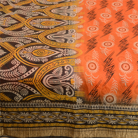 Sanskriti Vintage Sarees Indian Orange Pure Silk Printed Sari Soft Craft Sustainable Fabric