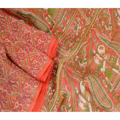 Sanskriti Vintage Sarees Animal Women Red Pure Silk Printed Sari Craft Sustainable Fabric