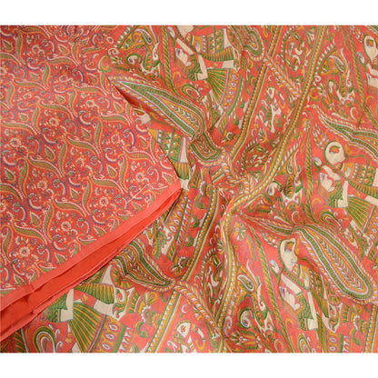 Sanskriti Vintage Sarees Animal Women Red Pure Silk Printed Sari Craft Sustainable Fabric