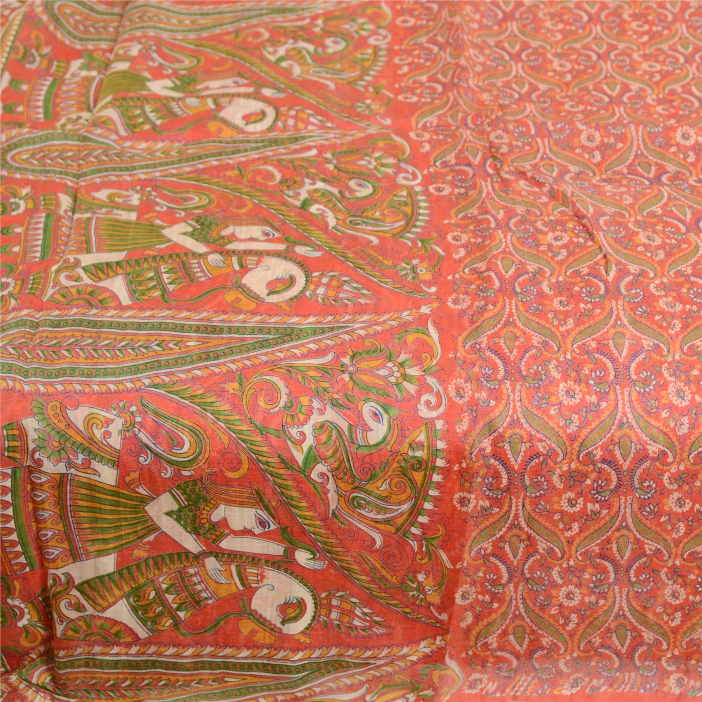 Sanskriti Vintage Sarees Animal Women Red Pure Silk Printed Sari Craft Sustainable Fabric