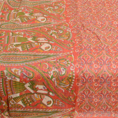 Sanskriti Vintage Sarees Animal Women Red Pure Silk Printed Sari Craft Sustainable Fabric