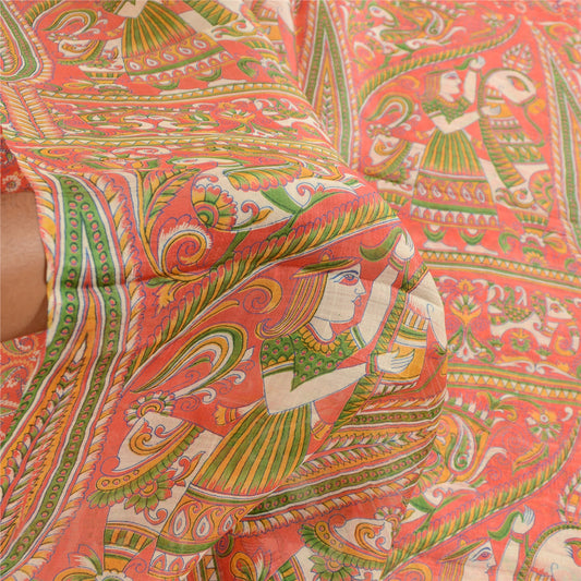 Sanskriti Vintage Sarees Animal Women Red Pure Silk Printed Sari Craft Sustainable Fabric