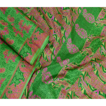 Sanskriti Vintage Sarees From India Green Pure Silk Printed Sari Craft Sustainable Fabric