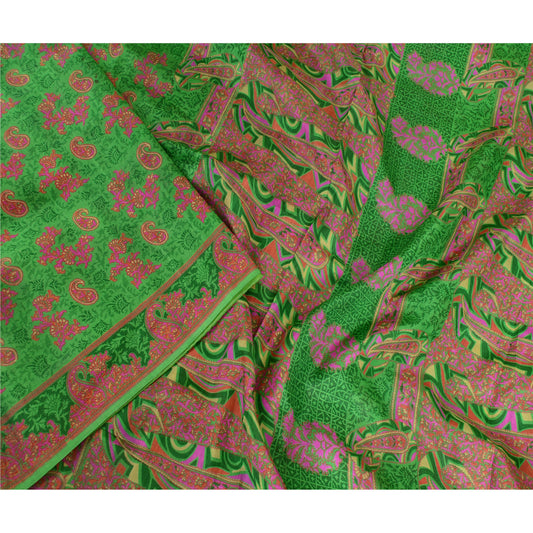 Sanskriti Vintage Sarees From India Green Pure Silk Printed Sari Craft Sustainable Fabric