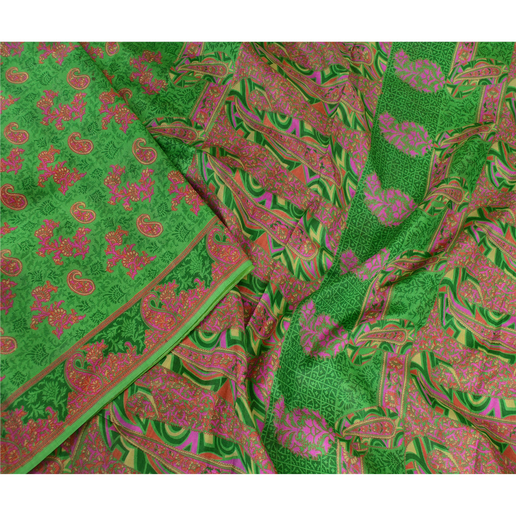 Sanskriti Vintage Sarees From India Green Pure Silk Printed Sari Craft Fabric