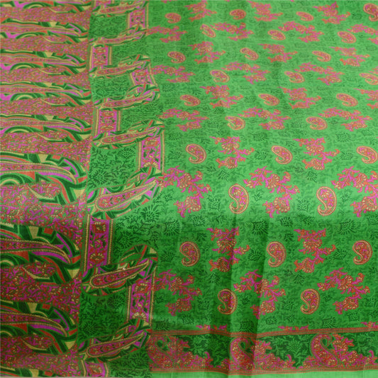 Sanskriti Vintage Sarees From India Green Pure Silk Printed Sari Craft Sustainable Fabric