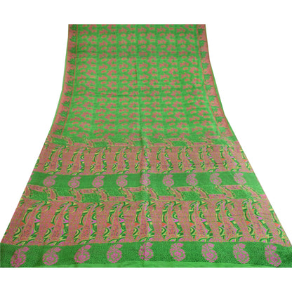 Sanskriti Vintage Sarees From India Green Pure Silk Printed Sari Craft Sustainable Fabric