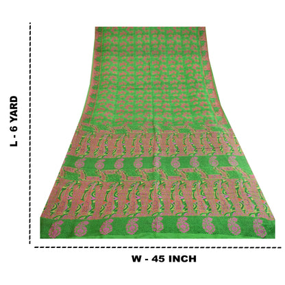 Sanskriti Vintage Sarees From India Green Pure Silk Printed Sari Craft Sustainable Fabric
