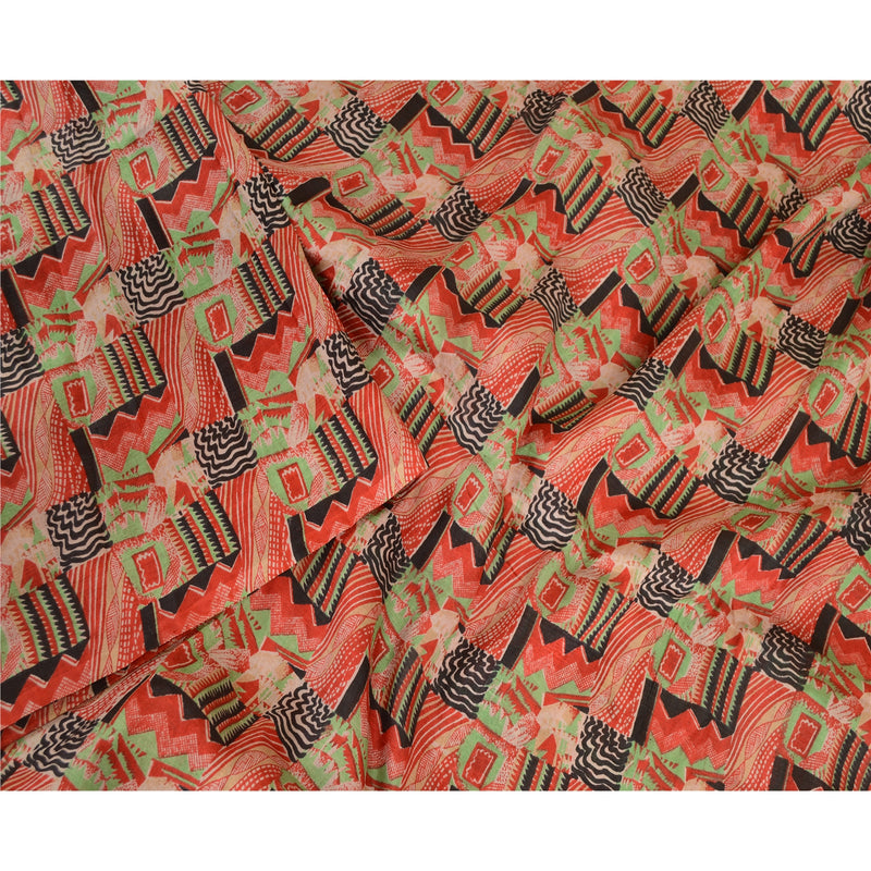 Sanskriti Vintage Sarees Red 100% Pure Silk Printed Sari Floral 5yd Craft Sustainable Fabric