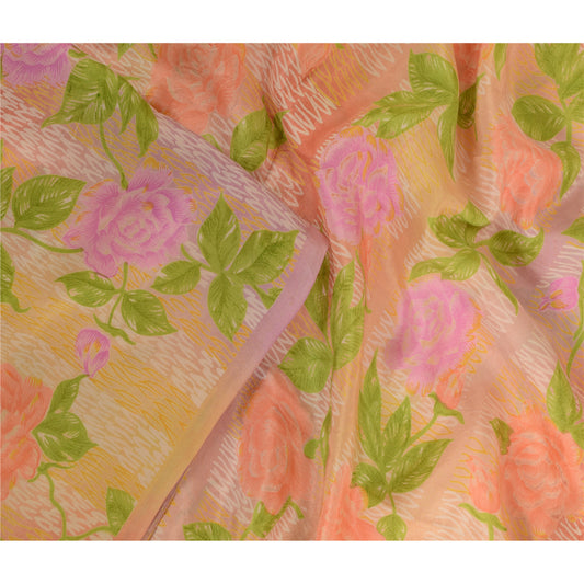 Sanskriti Vintage Sarees Peach Pure Silk Printed Sari Floral Soft Craft Sustainable Fabric