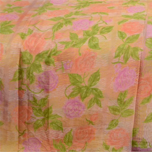Sanskriti Vintage Sarees Peach Pure Silk Printed Sari Floral Soft Craft Sustainable Fabric
