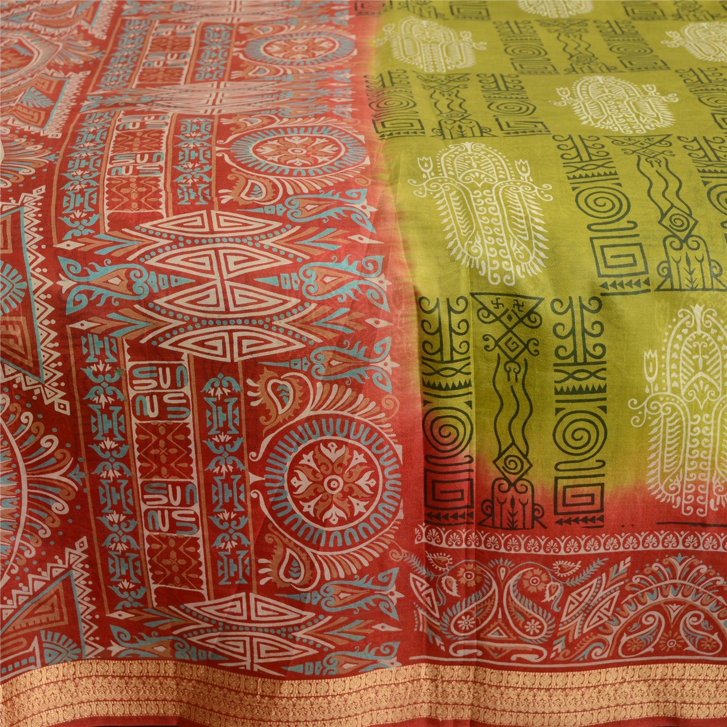 Sanskriti Vintage Sarees Green Pure Silk Printed Sari Floral Soft Craft Sustainable Fabric