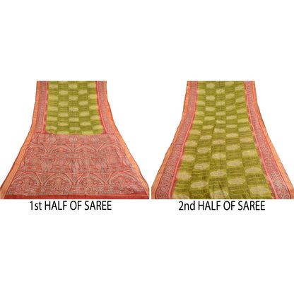 Sanskriti Vintage Sarees Green Pure Silk Printed Sari Floral Soft Craft Sustainable Fabric