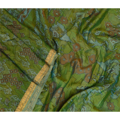 Sanskriti Vintage Sarees Green Pure Silk Printed Zari Border Sari Craft Sustainable Fabric