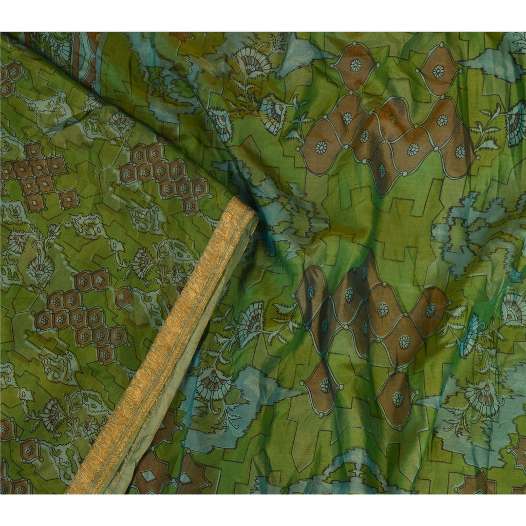 Sanskriti Vintage Sarees Green Pure Silk Printed Zari Border Sari Craft Sustainable Fabric