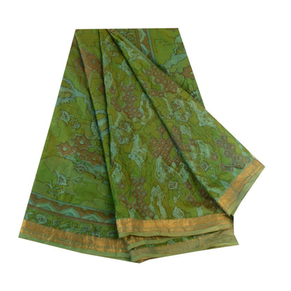 Sanskriti Vintage Sarees Green Pure Silk Printed Zari Border Sari Craft Sustainable Fabric