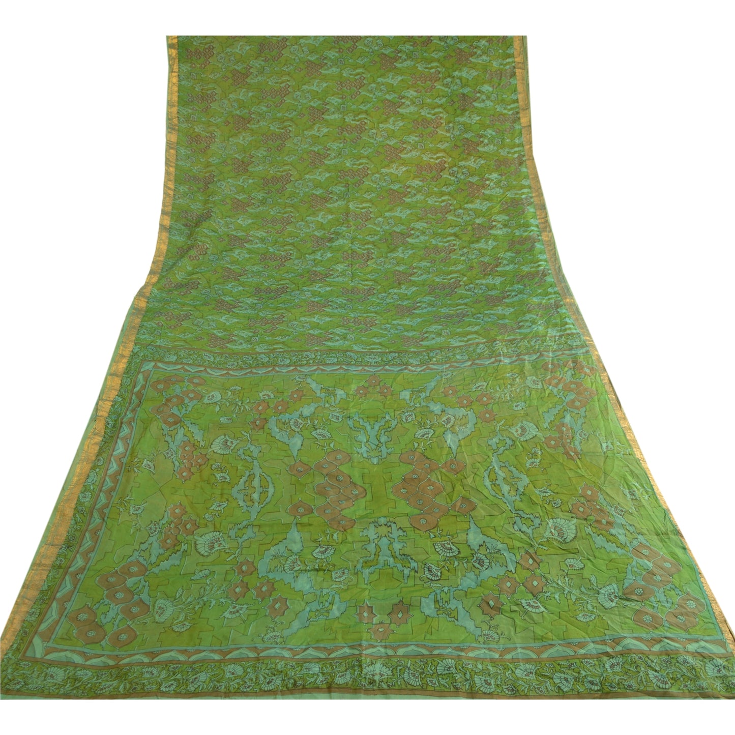 Sanskriti Vintage Sarees Green Pure Silk Printed Zari Border Sari Craft Sustainable Fabric