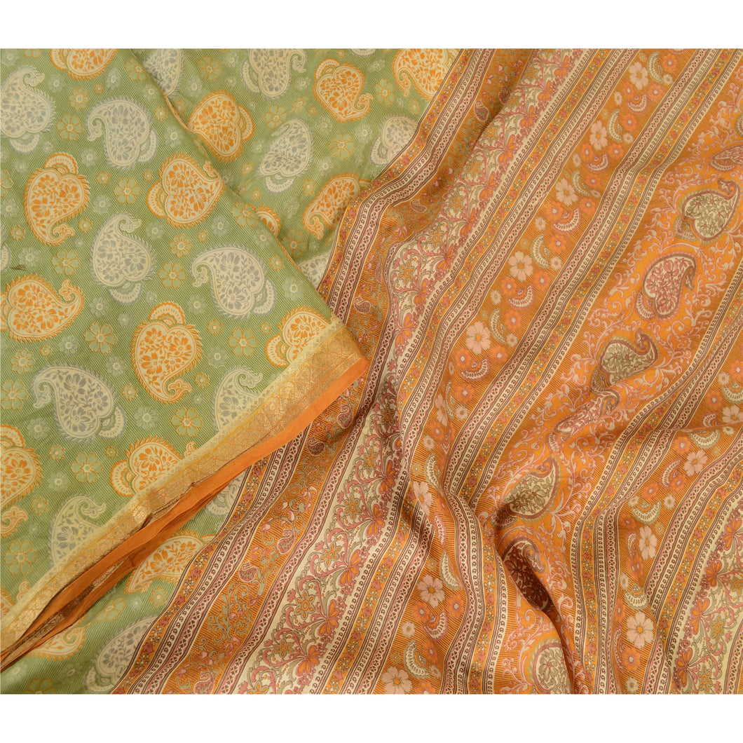 Sanskriti Vintage Sarees Green Zari Border Printed Pure Silk Sari Craft Fabric