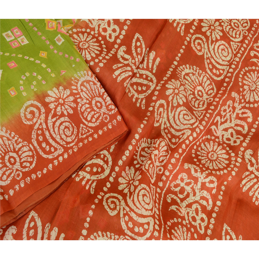 Sanskriti Vintage Sarees Green Batik Printed Pure Silk Sari Soft Craft Fabric
