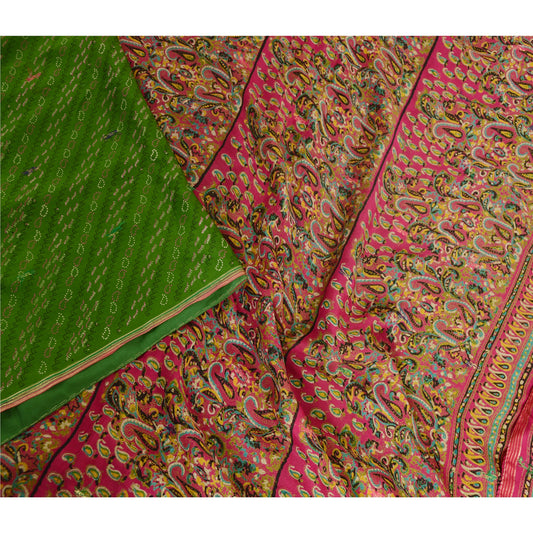 Sanskriti Vintage Sarees Indian Green Pure Silk Printed Woven Sari Craft Sustainable Fabric
